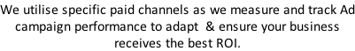 We utilise specific paid channels as we measure and track Ad campaign performance to adapt  & ensure your business  receives the best ROI.